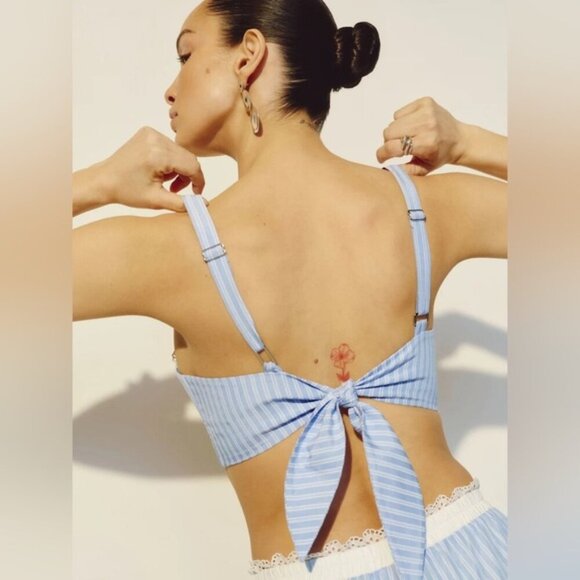 NEW Reformation Pippa Two Piece Set Top Pants Sky Blue Stripe | US 0 UK 4 - Picture 3 of 16